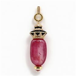 18ct gold ruby diamond and black enamel pedant, set with a single cabochon cut ruby, suspe...