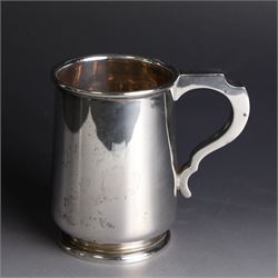 1930s silver christening mug, of slightly tapering cylindrical form and C scroll handle, engraved with initials to body, hallmarked Birmingham 1933, maker's mark worn and indistinct, H10cm