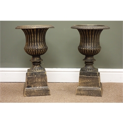  Pair classical style bronze finish urn, egg and dart rim detailing, on square tapering base, W28cm, H50cm, D28cm  