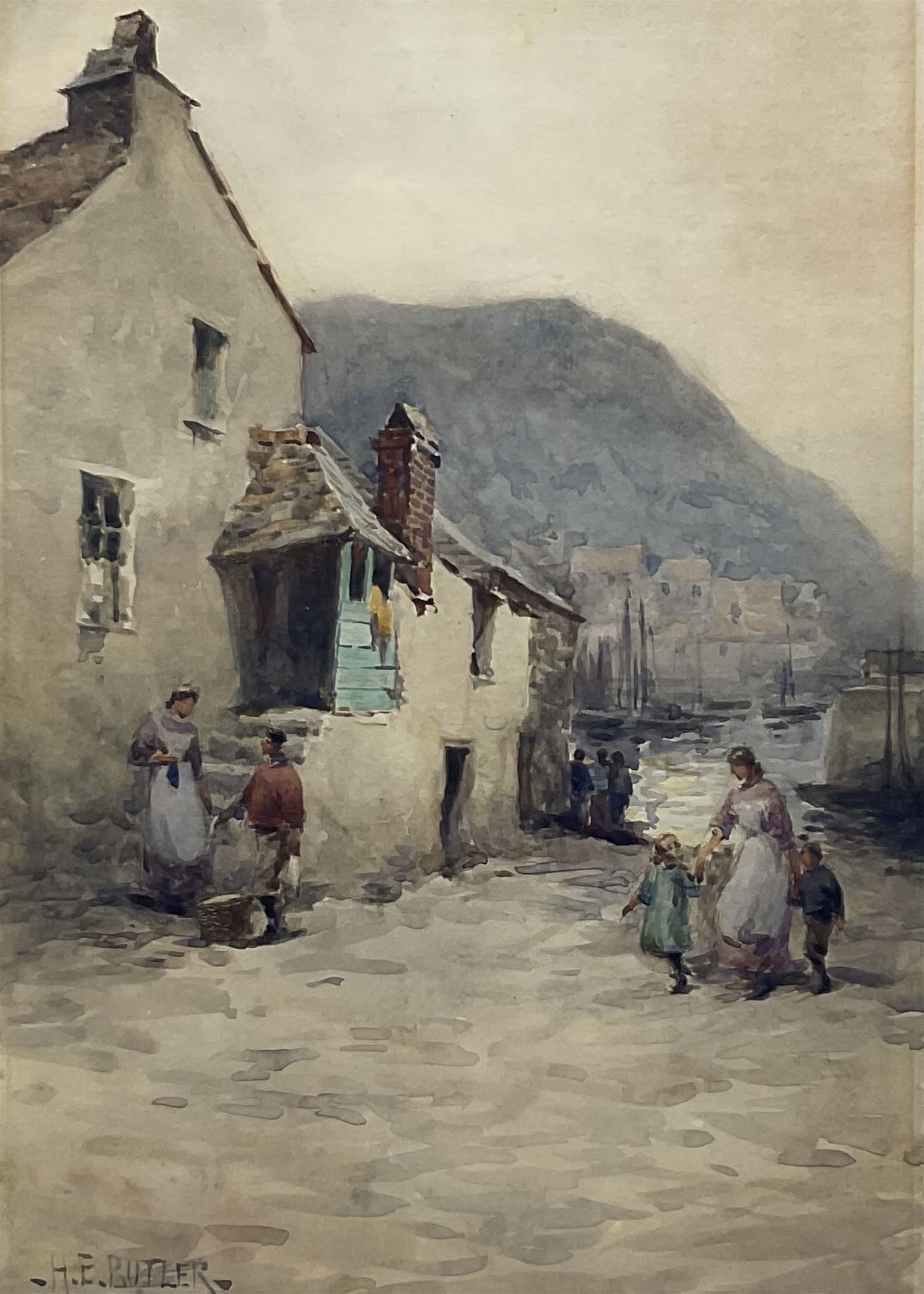 Herbert Edward Butler (British 1861-1931): Fisherfolk and Children at Polperro, watercolour signed 25cm x 17.5cm