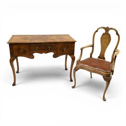 Queen Anne Design walnut kneehole desk with matching chair, rectangular figured top with c...