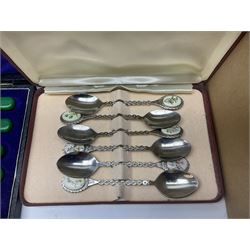 Cased canteen of silver plate cutlery, for place six settings, together with a collection of silver plate and other metal ware including set of silver plate fish eaters, with hallmarked silver ferules, in fitted case, pewter tyg, tankards, sauce boats, hot water pot etc, in two boxes 