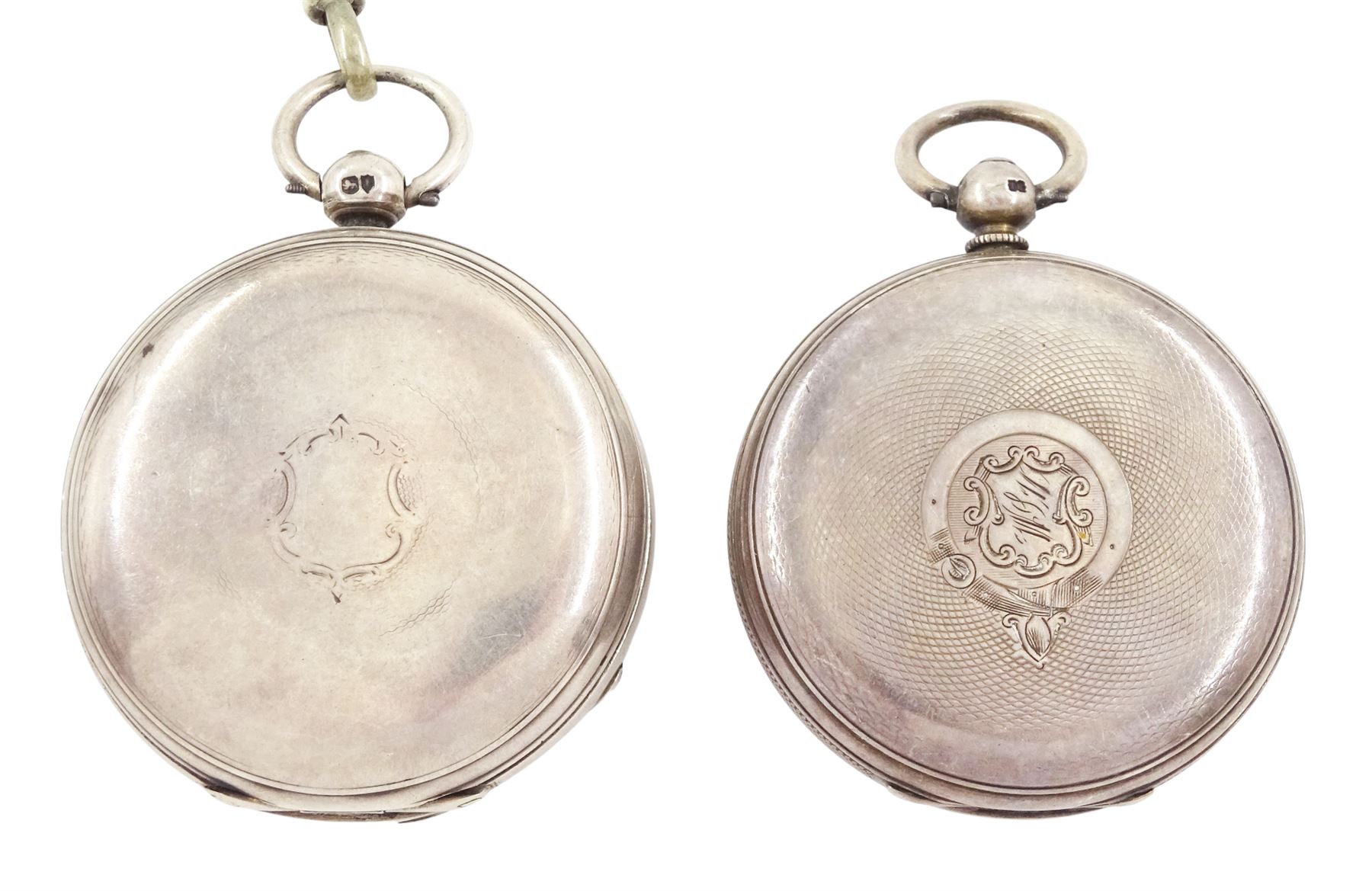 Victorian silver full hunter key wound fusee lever pocket watch by Cole & Son, Sherbourne, No. 783, case by James Oliver, London,1885 and one other silver open face fusee lever pocket watch, both with white enamel dials, Roman numeral hour markers and subsidiary seconds dials and two silver Albert chains with fobs