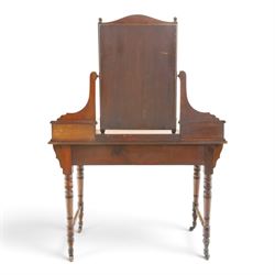 Late Victorian figured walnut and mahogany dressing table, raised swing-mirror back over trinket drawers, fitted with two drawers with brass Aesthetic Movement handles, on ring-turned supports with ceramic castors