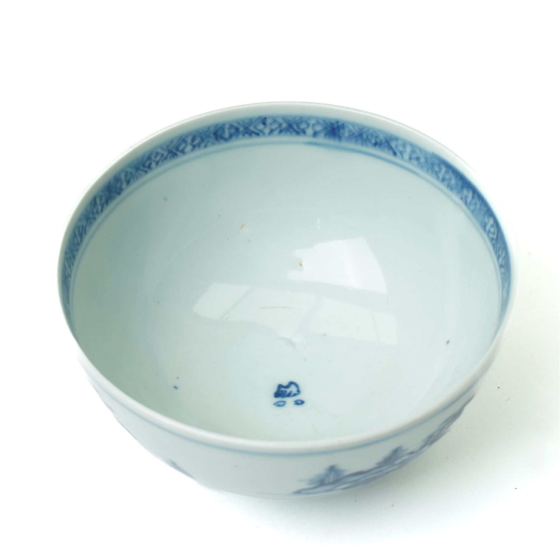 18th century Nanking cargo 'Flying geese' pattern bowl, with Christies lot sticker, D11.5cm; together with a tea bowl and saucer, probably from the Cau Mau shipwreck, in the 'Passing boats' pattern, and a dish from the Tek Sing shipwreck (4)