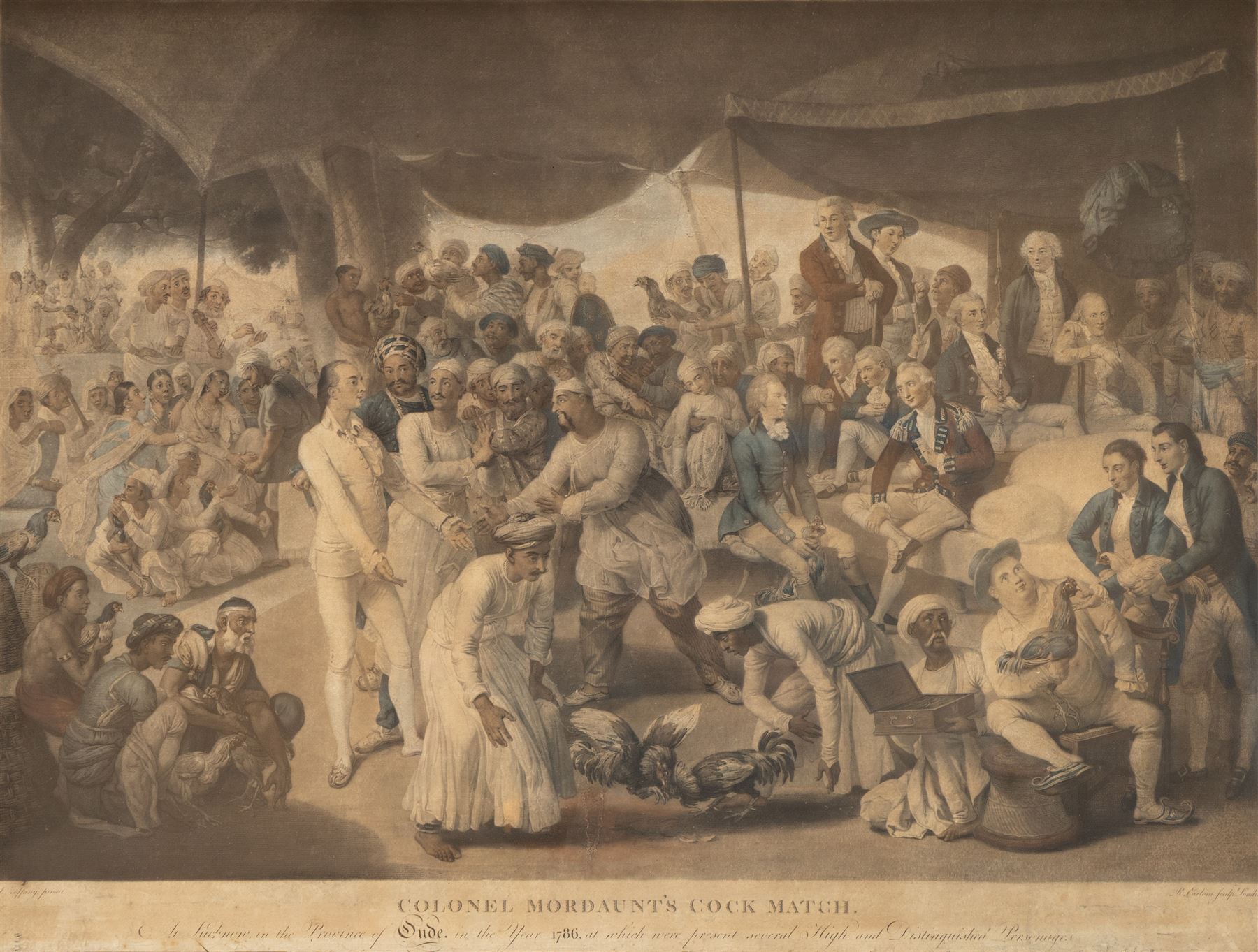 Richard Earlom (British 1743-1822) after Johann Joseph Zoffany (British 1733-1810): 'Colonel Mordaunt's Cock Match - At Lucknow in the Province of Oude in the Year 1786 at which were present several High and Distinguished Personages', hand-coloured mezzotint pub. Laurie & Whittle, London 1794, 46.5cm x 66.5cm 
Notes: an important record of British colonial life depicting a cock fight between Asaf-ud-daula, Nawab Wasir of Oudh, and Colonel John Mordaunt. In the corner of the painting, the artist has portrayed himself with pen in hand, poised to record the coming event. 