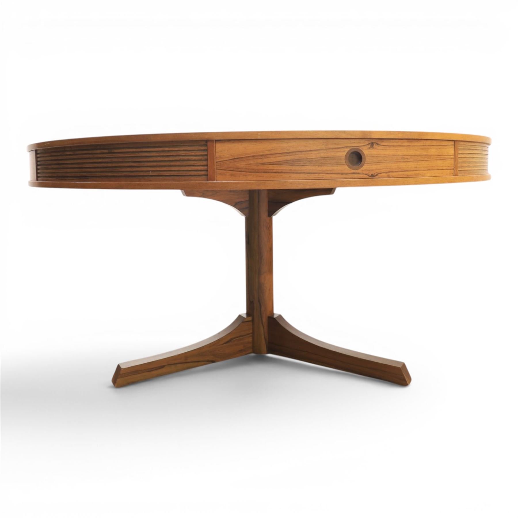 Robert Heritage for Archie Shine - mid-20th century santos rosewood drum table, circular top with four drawers with recessed handles, receded elements, raised on a cylindrical support with three legs