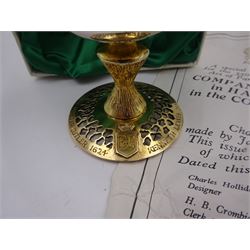 Modern limited edition silver goblet to commemorate the 350th anniversary of the Act of Parliament founding the Company of Cutlers, the tapering cylindrical bowl engraved with crest, with gilt interior and upon parcel gilt textured knopped stem and pierced circular foot, hallmarked James Dixon & Sons, Sheffield 1974, number 21/210 , in original fitted box with paperwork