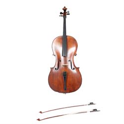 Early 19th century English cello by Samuel Gilkes of London, circa 1820, with two piece back and pine table finished in a golden brown varnish, certificate of authenticity from D.R Hill & Son, Buckinghamshire, numbered H494 in their records, in Hiscox hard case, with two horse hair cello bows, the first an English example stamped Ferranda Millars Liverpool, the second a German example stamped R. Paesold, both with ebonised mother of pearl/abalone frogs and ivory tip plates
This item has been registered for sale under Section 10 of the APHA Ivory Act