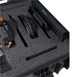 Bright Tangerine Strummer DNA Matte Box with three filter plates, 19mm studio rod holder and 15mm swing away arm, set of five masks, three donuts 138mm, 110mm, 87mm and three top and side flags, contained within a Peli 1550 case