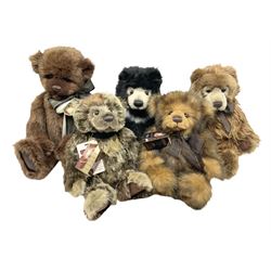 Five Charlie Bears, comprising limited edition Birthday Wojtek CB171840, limited to 4200, Anniversary Kojak CB161707, and Anniversary William CB151681, each designed by Isabelle Lee, Xavier CB620008, designed by Heather Lyell, and Anniversary Slothy Joe CB151558, all with tags 