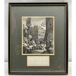 After William Hogarth (British 1697-1794): 'Beer Street and Gin Lane' and 'The Election', three 19th century engravings max 16cm x 14cm (3)