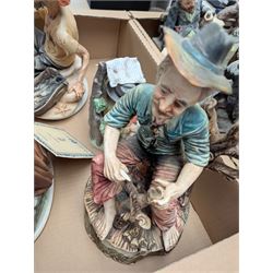Six Capodimonte and similar figures, including Fisherman, Eagle and tramp examples, tallest 