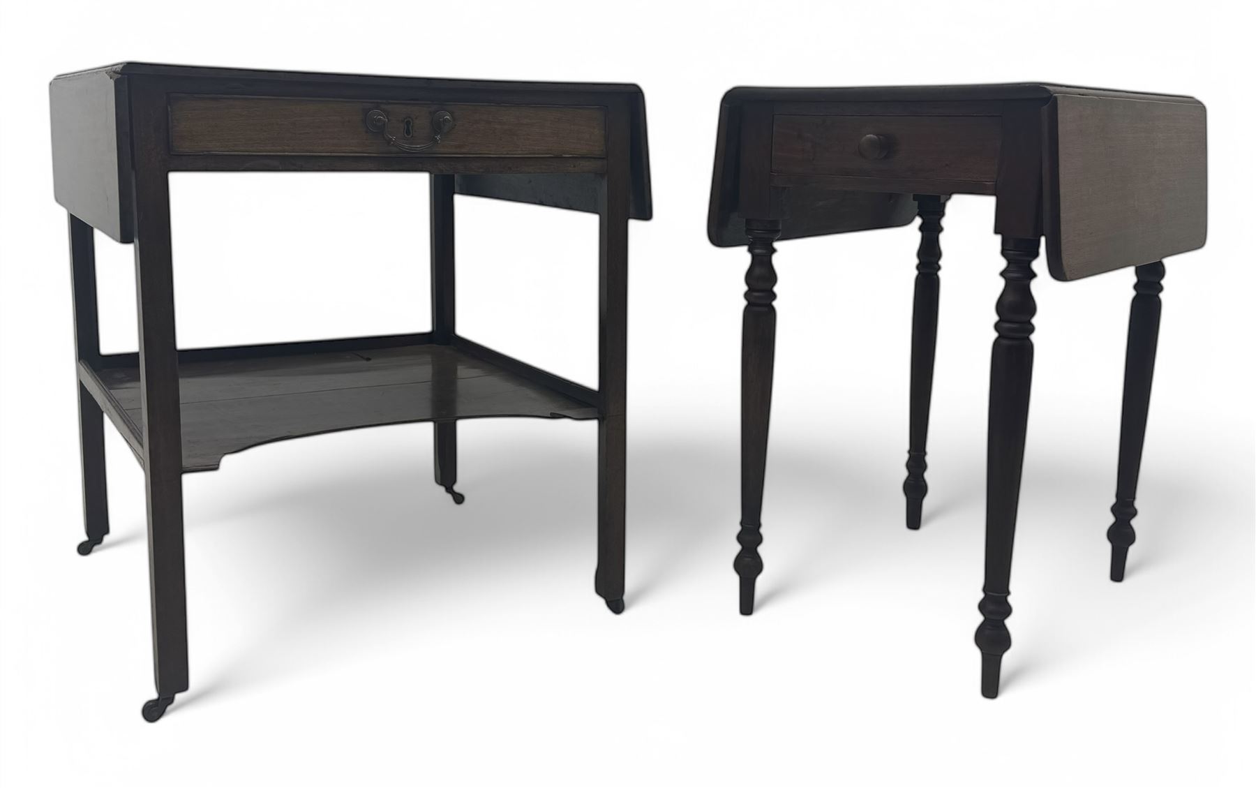Georgian design mahogany drop-leaf table, rectangular top above a single drawer with brass handle, square supports united by arched undertier, on brass castors (W62cm, D65cm, H72cm); and a smaller mahogany drop-leaf table with single drawer on turned supports (W43cm, D61cm, H72cm)