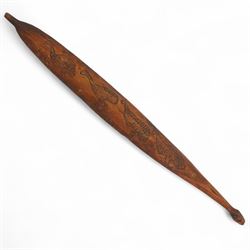 Large African treen grain spoon L62cm; carved wood Berber Tuareg tent peg, West African painted tribal mask 95cm and an Aboriginal wood panel carved with emus and snakes, possibly a bull roarer L82cm (4)