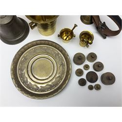 Four brass pestle and mortars, to include two miniature examples, together with other brassware including four branch candleabra, bells etc