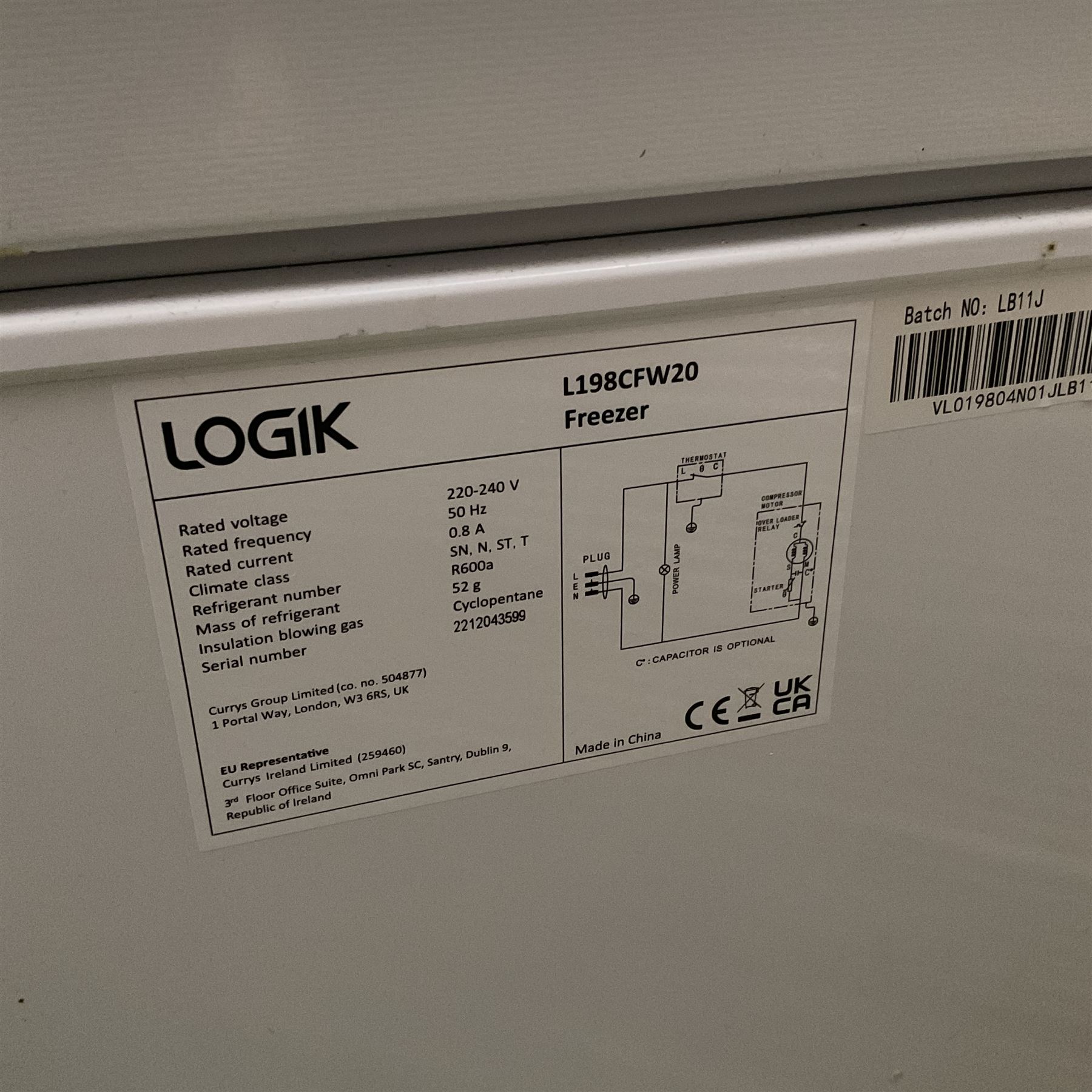 Logik  L198CFW20 chest freezer in white  - THIS LOT IS TO BE COLLECTED BY APPOINTMENT FROM DUGGLEBY STORAGE, GREAT HILL, EASTFIELD, SCARBOROUGH, YO11 3TX