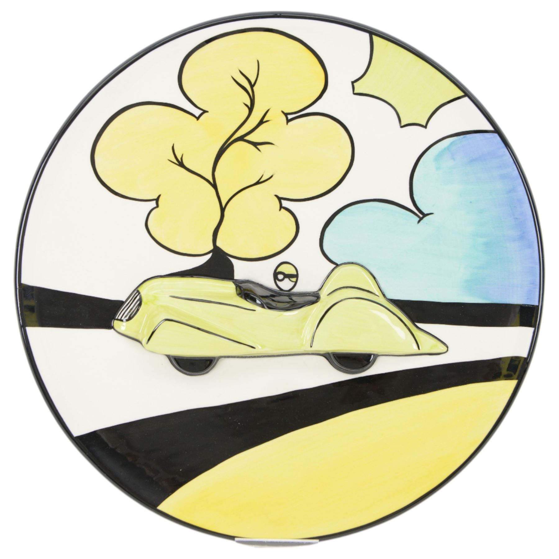 Lorna Bailey prototype charger, decorated with a race car in relief within bright stylised landscape, signed verso, D34.5cm