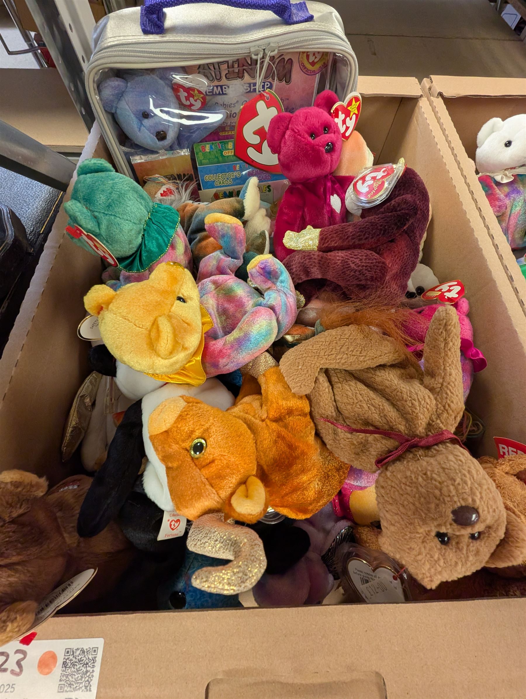 Large collection of TY Beanie Babies, including Princess the Bear, set of thirty two 2002 Fifa World cup bears, etc, mostly with tags in tag protectors, in seven boxes