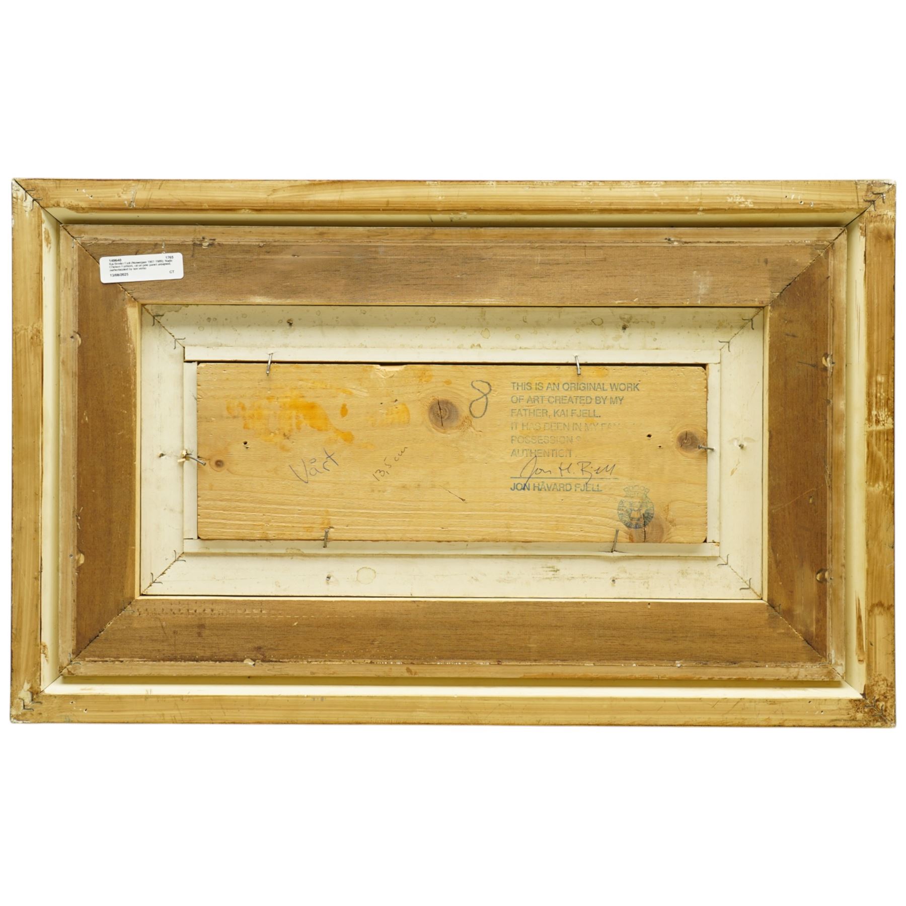 Kai Breder Fjell (Norwegian 1907-1989): The Garden of Whimsy - Three Graces and the Cockeral, gouache on pine panel unsigned, authenticated signed and stamped by the artist's son Jon Havard Fjell verso 12cm x 33cm