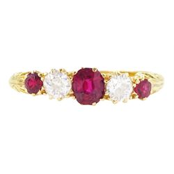 Early 20th century 18ct gold ruby and diamond five stone ring, three oval and round cut rubies, spaced by two old cut diamonds, stamped 18, total ruby weight approx 0.55 carat, total diamond weight approx 0.30 carat
