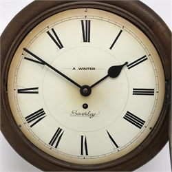  Early 20th century oak cased wall clock, white Roman dial inscribed A.Winter Beverley, single fusee movement, D40cm  