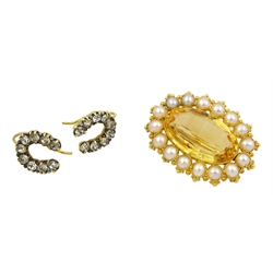  18ct gold oval citrine and split pearl brooch and a pair of gold, paste horseshoe earrings stamped 9ct  