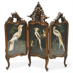 Rococo Revival carved hardwood framed triple panel fire screen, pierced and carved foliate...