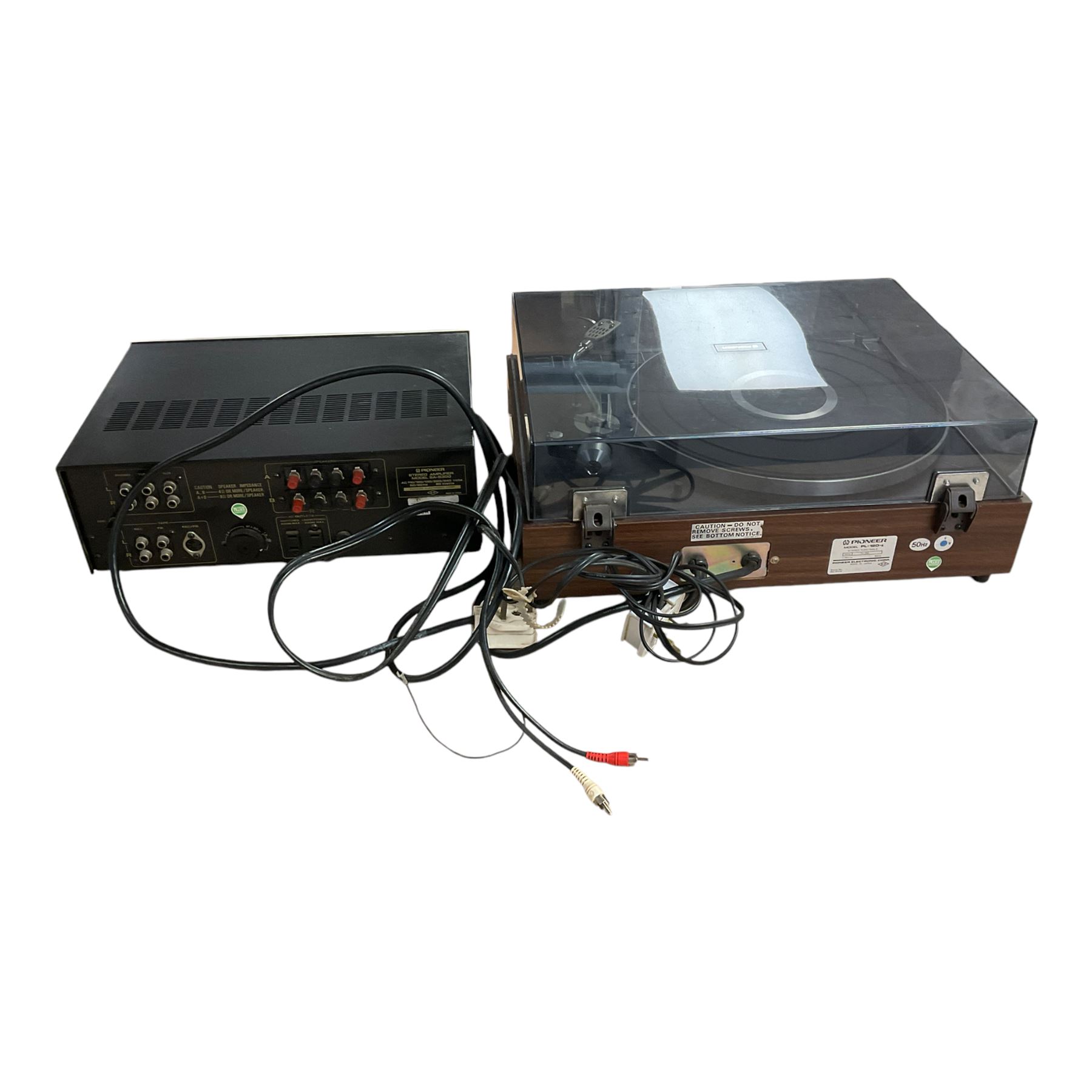 Pioneer PL-12D turntable, Pioneer SA-5300 stereo amplifier, and pair of Wharfedale Linton speakers 