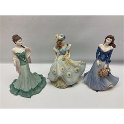 Eight Coalport figures of ladies, comprising five Age of Elegance examples to include Richmond Park, Summer Saunter and Touch of Spring, together with Beau Monde Isobel 1998, Valentine Debutante Eternity and Devotion