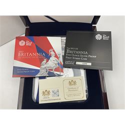 The Royal Mint United Kingdom 2013 'Britannia First Strike' five ounce fine silver proof coin, encapsulated and graded by NGC 'First Releases PF 69 Ultra Cameo', cased with certificates