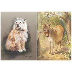 Susan Maud (British 20th century): 'Pip' - Portrait of a Terrier, pastel signed titled and dated '99, 43cm x 32cm, and a 19th century watercolour of a donkey 20cm x 15cm