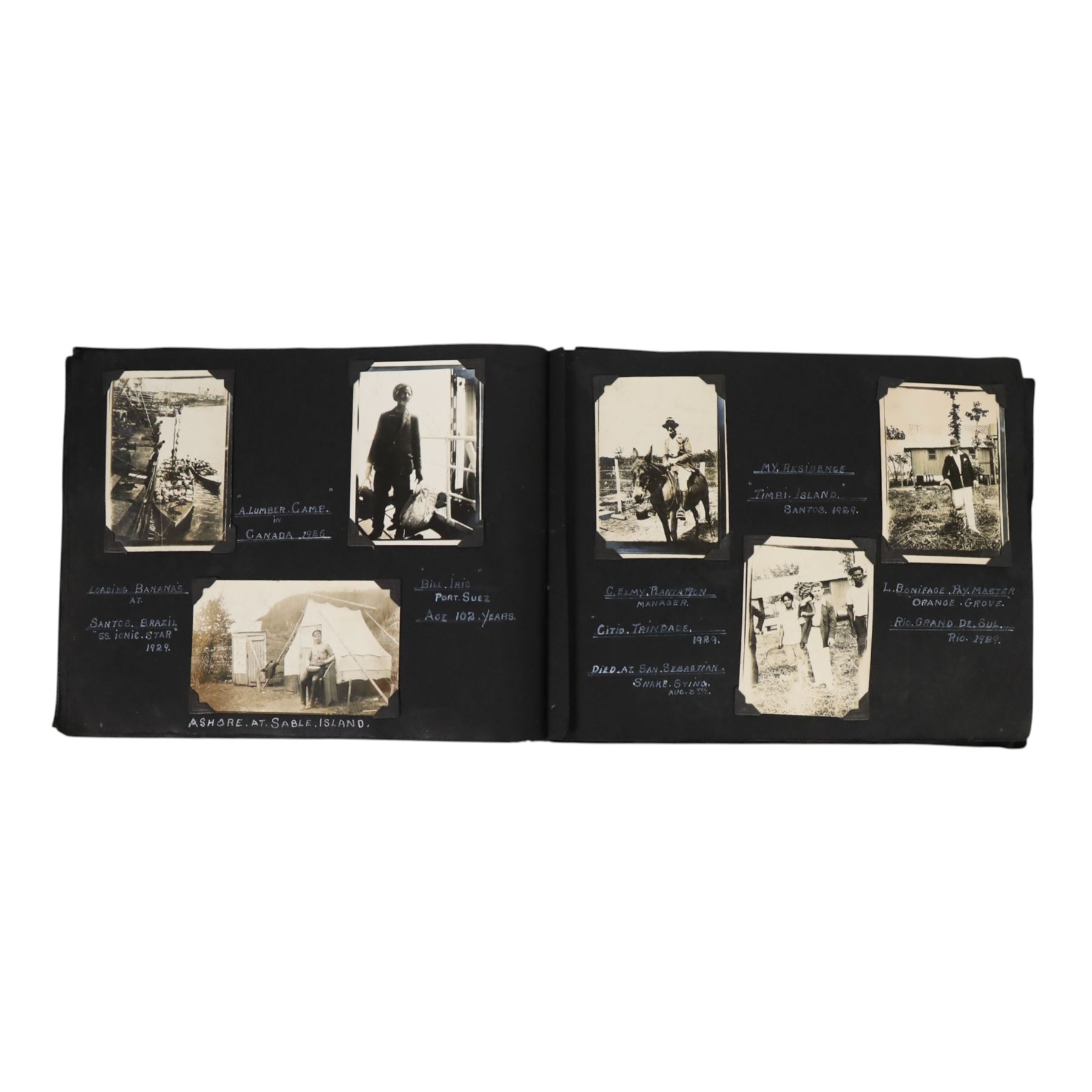 20th century photograph album belonging to Mr S. Wallis of Whitby, the photographs documenting his life on the sea, during his time in the Navy aboard MV Laurelwood and his return to Whitby, including the Japanese attack on Woosung China 1931, a lumber camp in Canada 1929, Timbi Island Santos 1929, whaling on board S.S Curacoa, Whitby railway strike 1927, Whitby Regatta 1958, etc