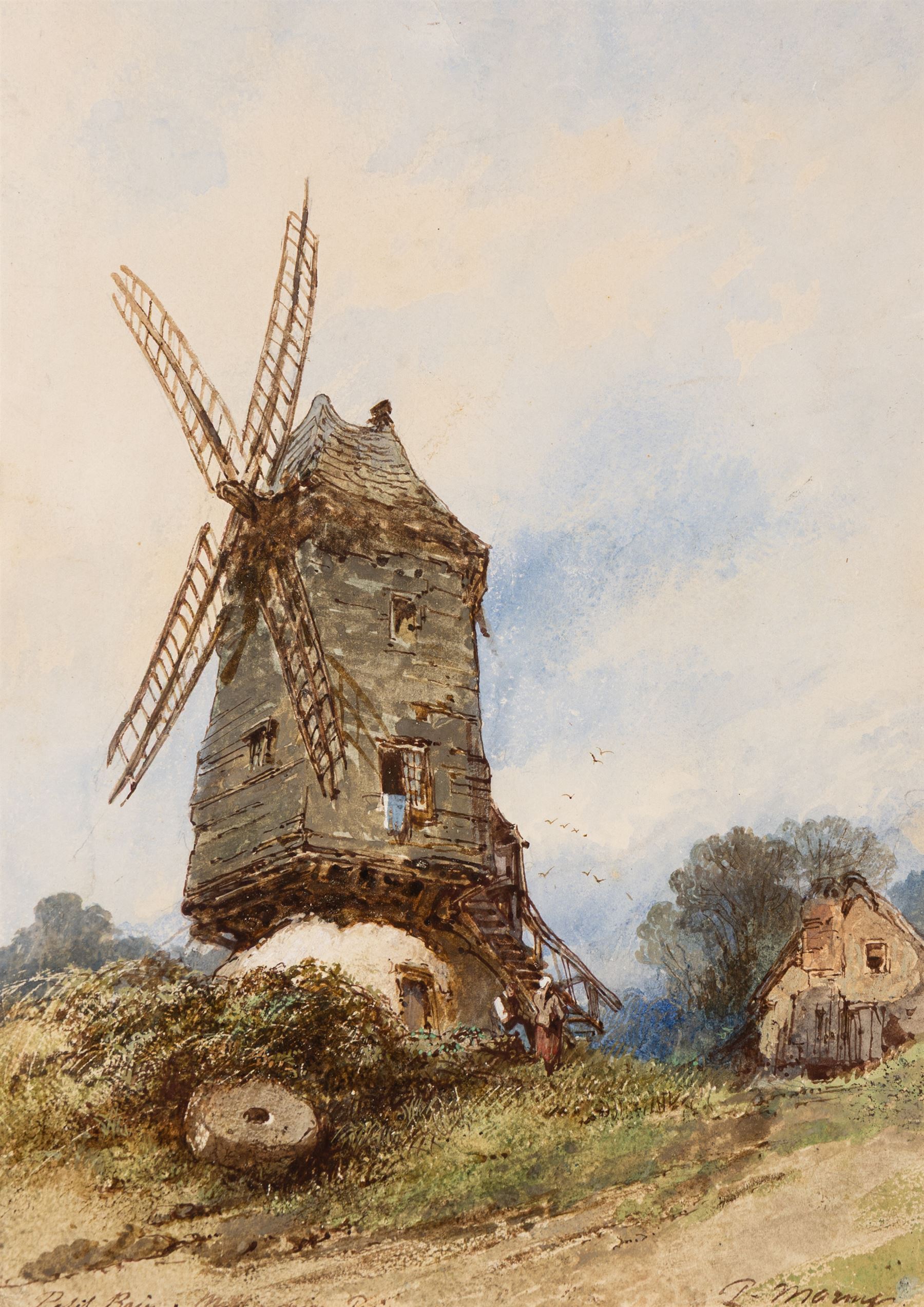 Paul Marny (French/British 1829-1914): Windmill in Rural France, watercolour signed and indistinctly titled 48cm x 34cm