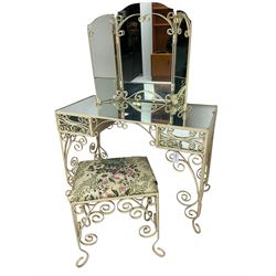 Cream painted scroll work wrought metal dressing table, fitted with two drawers and mirror top, together with matching triple mirror and stool