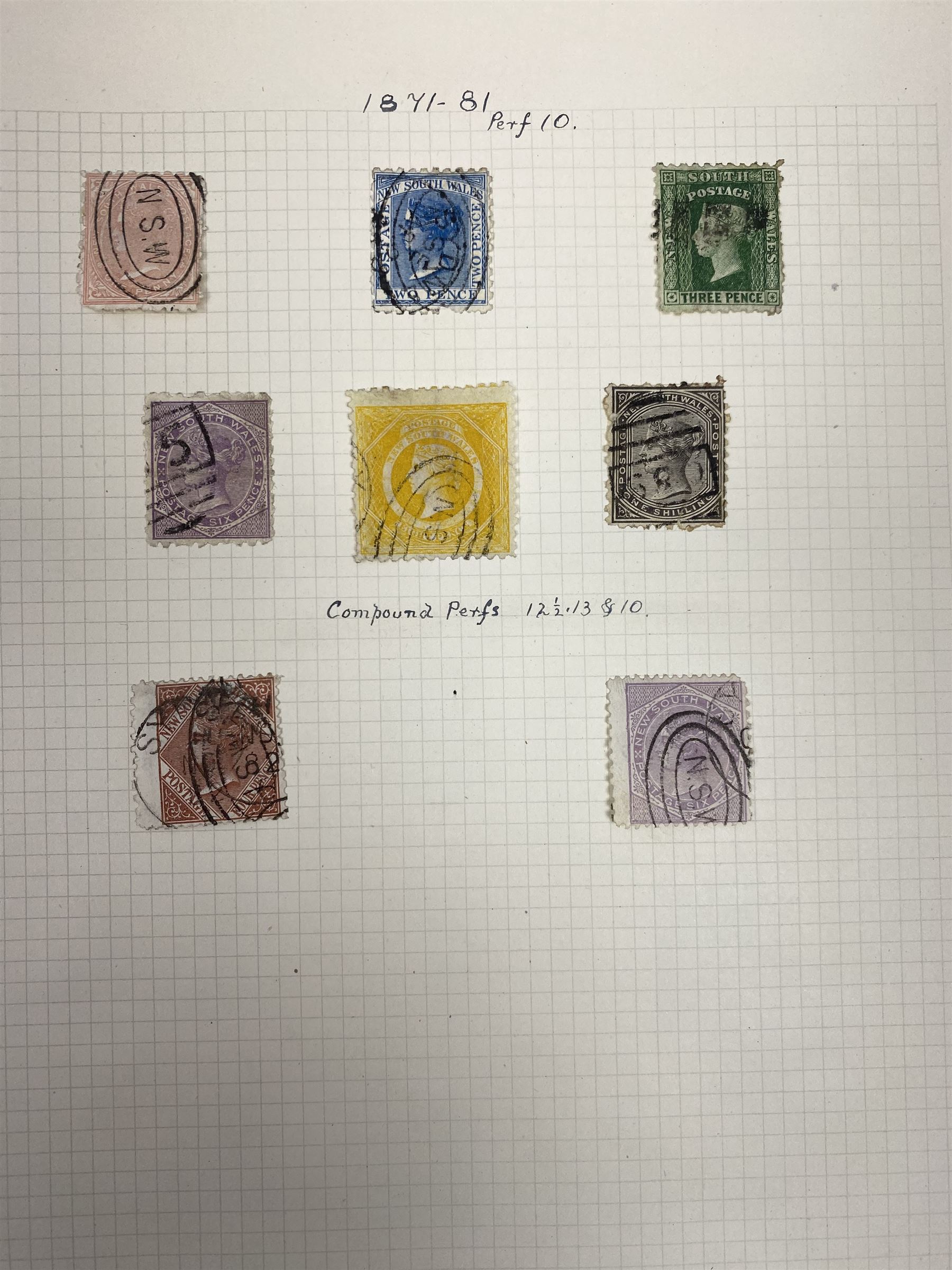 Australia New South Wales stamps, including 1850-4 various imperf issues, 1854-6 including five pence, six pence, one shilling etc, 1856-60 registered letter stamps, 1861-88 five shillings etc, housed on pages