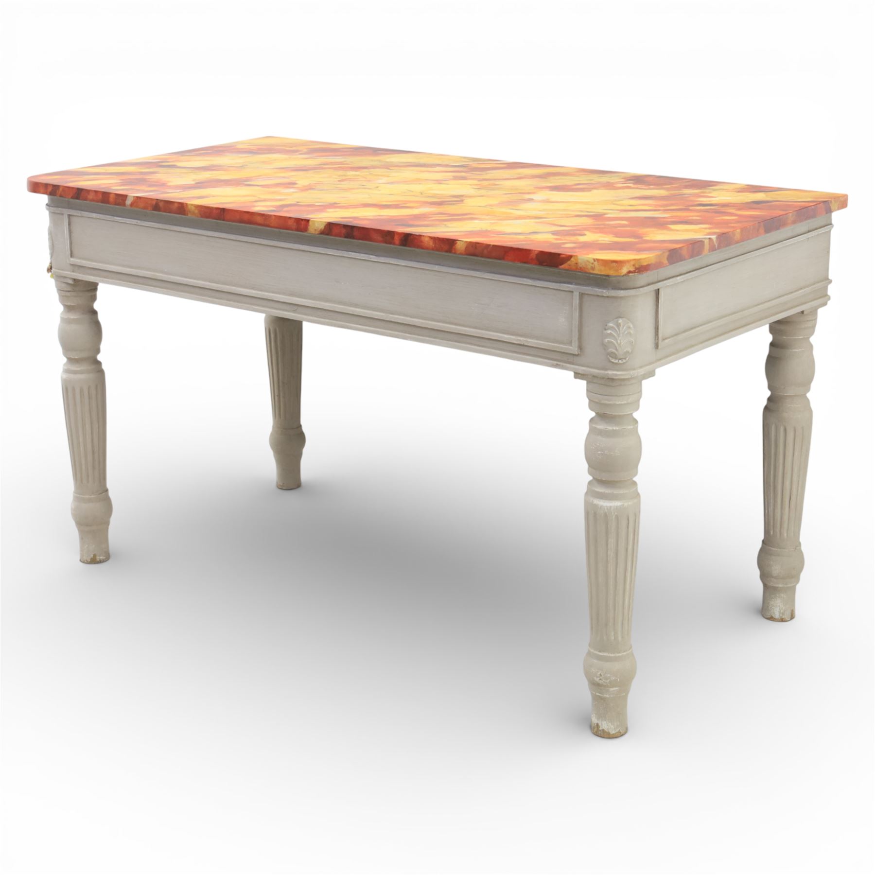 A pair of 19th century style pine console tables, with rectangular simulated marble top over a painted frieze, raised on fluted and turned tapering legs