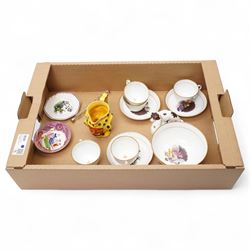 Sunderland lustre saucer dish by Dawson & Co, collection of 19th century teaware decorated with mother and child scenes after Adam Buck, 19th century nursery plate, 19th century style Satyr mask jug but later, etc