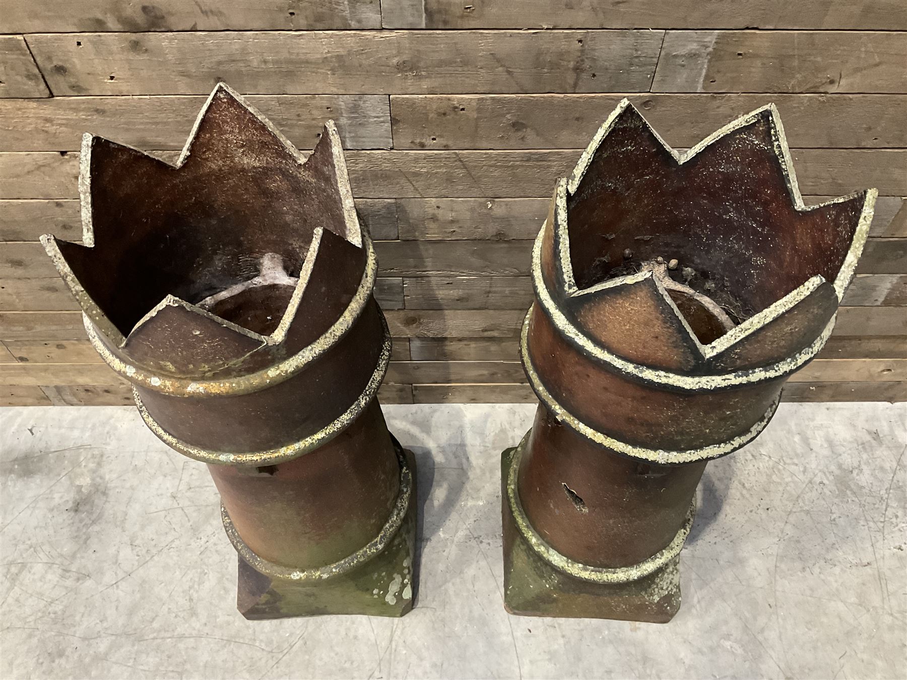 Two Victorian salt glazed crown-top chimney pots
