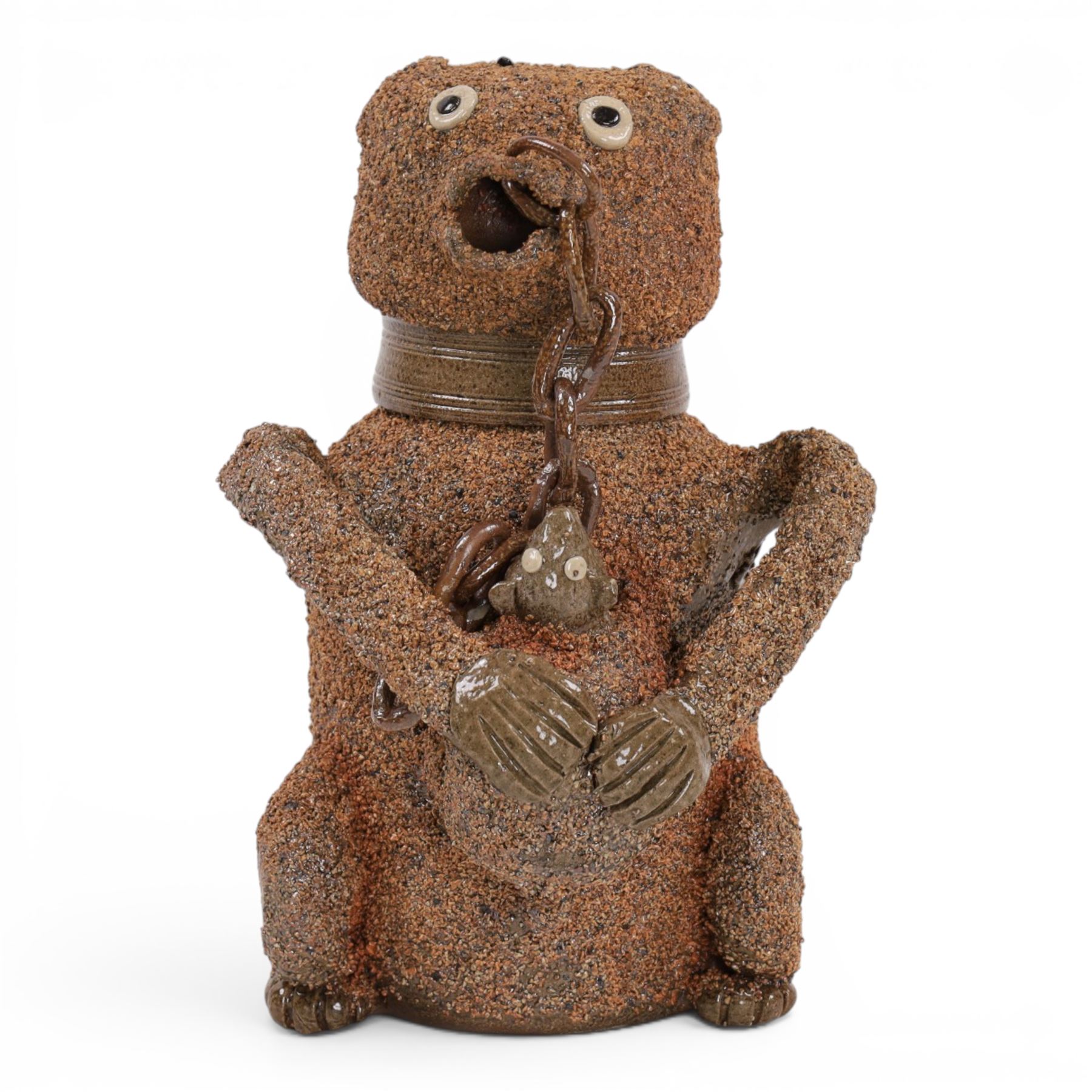 John Hudson; stoneware bear jar , in the manner of an 18th century Nottinghamshire salt glazed stoneware bear baiting jar and cover, H26cm