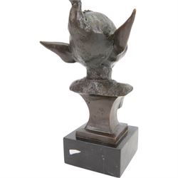 Modern bronze bust of a goblin upon a square black marble base, signed Juno, H28cm
