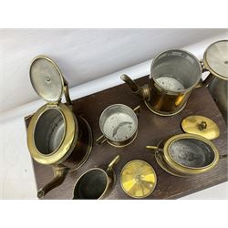 Brass tea set, comprising teapot, milk jug and covered sucrier with a meander pattern, together with another similar tea pot and covered sucrier, a part cased canteen etc
