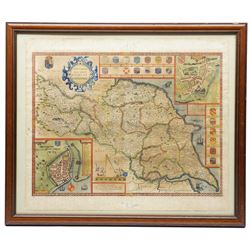 John Speed (British 1552-1629): 'The North and East Ridings of Yorkshire', 17th century engraved map with hand-colouring with inset plans of Richmond and Hull and numerous armorials, Latin text verso pub. by John Sudbury & George Humble c.1611-1616, 47cm x 55cm