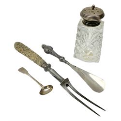 Silver mounted cut glass shaker/shifter, hallmarked Roberts & Dore, London 1961, together with a silver handled shoe horn, marked Crisford Norris Ltd, L19cm, silver mounted horn handled and steel carving tool and a hallmarked small silver spoon