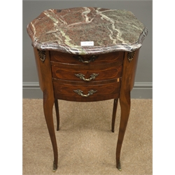  Small French style mahogany bedside, shaped moulded marble top, three drawers, on cabriole legs, W41cm, H72cm, D29cm  