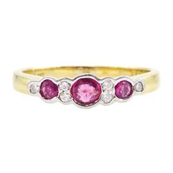 18ct gold ruby and diamond ring, three round cut rubies, with round brilliant cut diamonds...