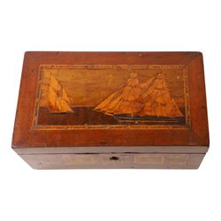 19th century satin wood marquetry inlaid correspondents box, the lid with inlaid three-masted sailing ship, opening to fitted compartments,  H1cm, L21cm, D12cm