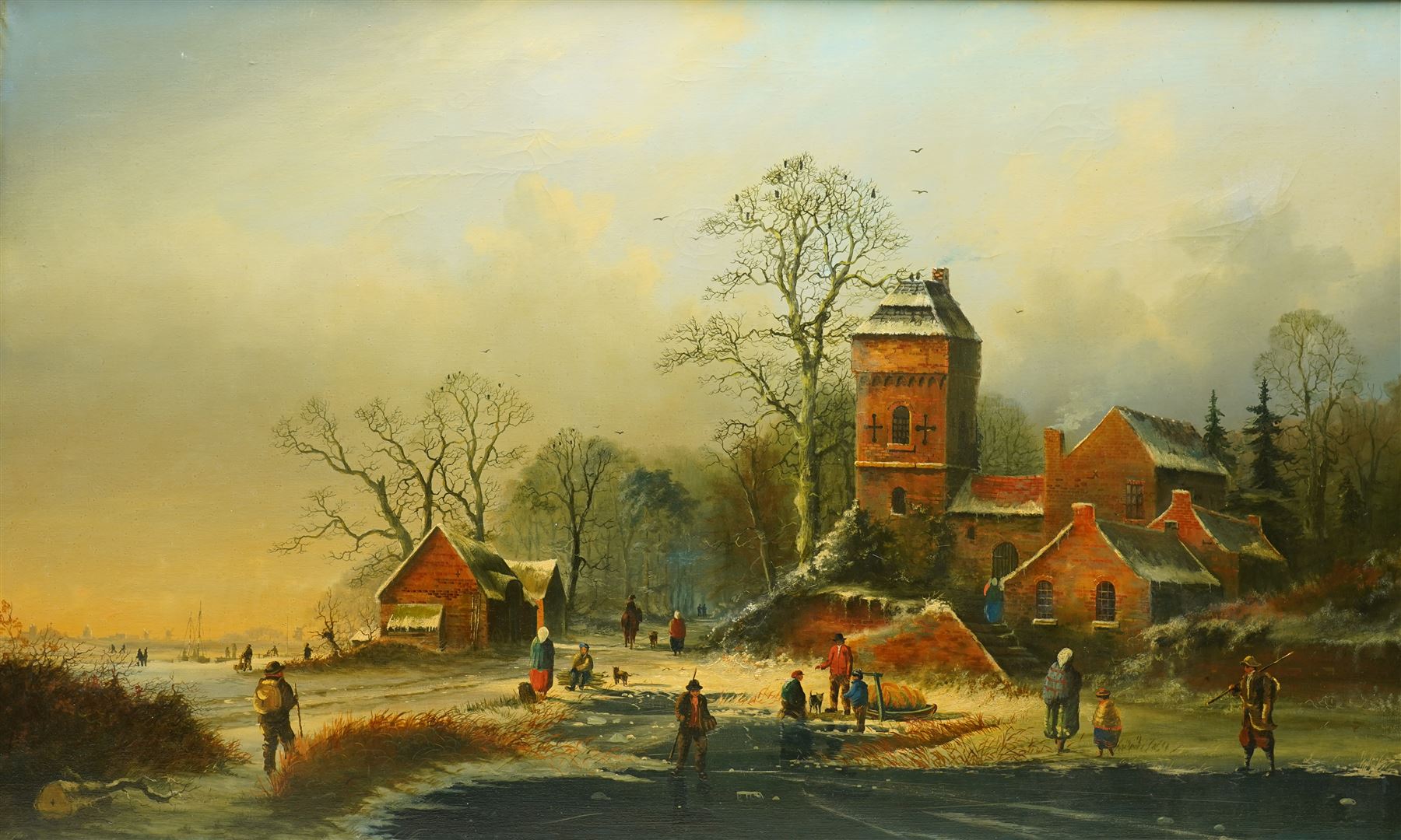 Dutch School (Early 20th century): Frozen Winter Landscape with Figures, oil on canvas unsigned 55cm x 91cm