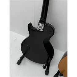 Hohner Arbor Series electric guitar in black and elm effect, serial no.E714703, L101cm; together with an acoustic guitar L102cm; with two Kinsman folding stands (4)