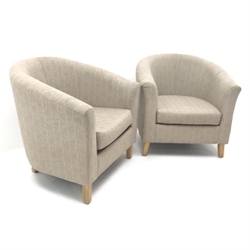 Pair tub chairs, upholstered in a beige fabric, square tapering supports, W78cm